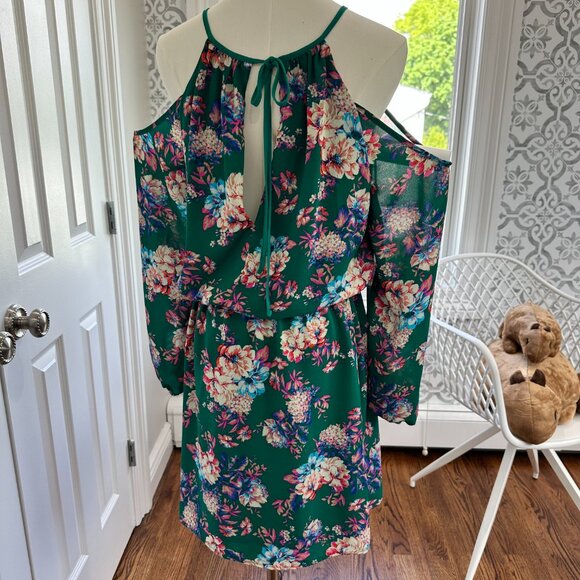 Charles Henry, Green & Pink Floral Cold Shoulder Elastic Waist Mini Dress Size M - Picture 7 of 11